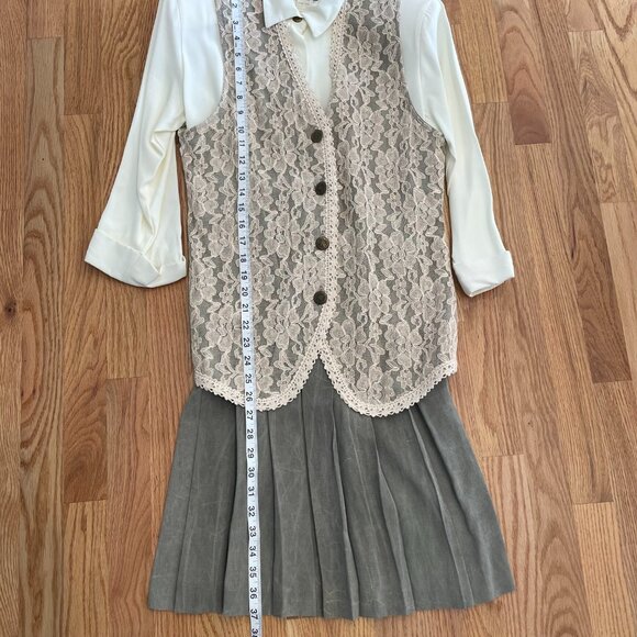 Vtg 90s Dawn Joy Floral Lace Vest Dress Set Sage Green Cream Size 6 Cottagecore - Picture 12 of 16